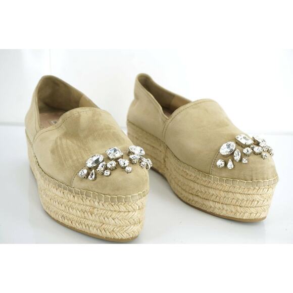 Miu Miu Beige Suede Crystal Jewel Toe Platform Espadrilles SZ 42 12 Slip on $790 - Picture 6 of 12